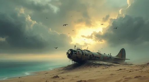 Prompt: A small, rusted, post-apocalyptic seaplane constructed from salvaged scraps, sheet metal and rope partially buried in sand dunes with faded paint and corroded surfaces evoking a sense of desolation and survival. A turquoise lake. Mist. Birds flying in the sky. The most striking element is the sky . Thick, billowing clouds stretch across the sky, heavy and textured with tones of grey, brown, and hints of blue. These clouds seem to part just enough to reveal a glowing band of soft, golden-yellow light near the horizon, suggesting either a sunrise or a sunset. This light gently spills across the landscape, casting a muted radiance that enhances the depth and mystery of the scene. The style of 19th-century realism.