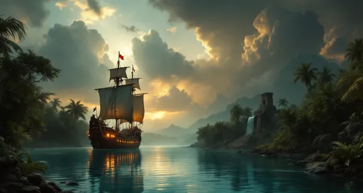 Prompt: A pirate galleon with glowing lanterns on a turquoise misty river in the middle of a lush tropical jungle with plants and palms. Mayan ruins . Waterfalls. The most striking element is the sky . Thick, billowing clouds stretch across the sky, heavy and textured with tones of grey, brown, and hints of blue. These clouds seem to part just enough to reveal a glowing band of soft, golden-yellow light near the horizon, suggesting either a sunrise or a sunset. This light gently spills across the landscape, casting a muted radiance that enhances the depth and mystery of the scene. The style of 19th-century realism.