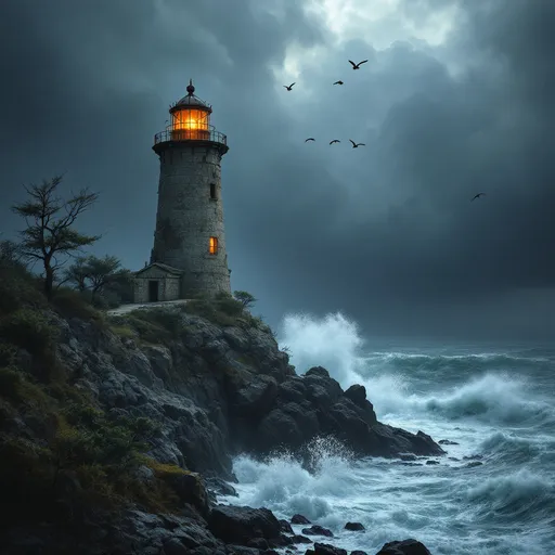 Prompt: An old weathered stone towering lighthouse perched on a rocky cliff by the sea its orange beacon glowing in the stormy night . Powerful waves crash against the jagged rocks sending white spray into the air . Seagulls circle above . Bushes and small trees blown by the wind . The sky is filled with heavy storm clouds creating a dramatic and intense atmosphere . Mist