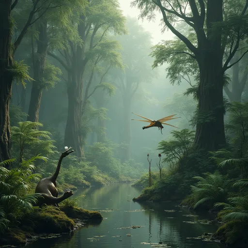 Prompt: A Carboniferous-era swamp forest featuring towering Lepidodendrons with textured , scaly trunks and umbrella-like crowns . Gian ferns with delicate feathery fronds cover the forest floor some coiled , some fully unfurled along with horsetail plants . The environment is lush and humid with dark , stagnant water reflecting the green canopy above  . Tall Calamites with segmented bamboo like stems grow densely . Towering trees are covered in giant climbing ferns some fully unfurled while others are coiled . A giant prehistoric dragonfly with translucent wings hovers in the air . A primitive amphibian with a striped body rests near the water's edge on a moss- covered log . A pterodactyl is perched on a rock with its wings folded while another is talking flight from the rock gliding towards the ground with its wings outstretched . The atmosphere is misty and dense evoking the ancient  and exotic feel of the Carboniferous period . Mist . Sunlight filtering through mist .