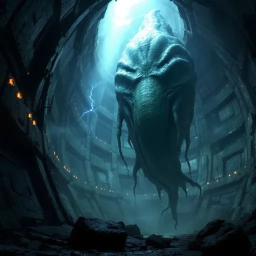 Prompt: An alien, slimy, massive organism growing in the 
dark, cylindrical, sci-fi massive ventilation shaft with walls covered in intricate panels, pipes and scattered orange lights. Dim light coming from above . Mist . Blue electrical discharges .