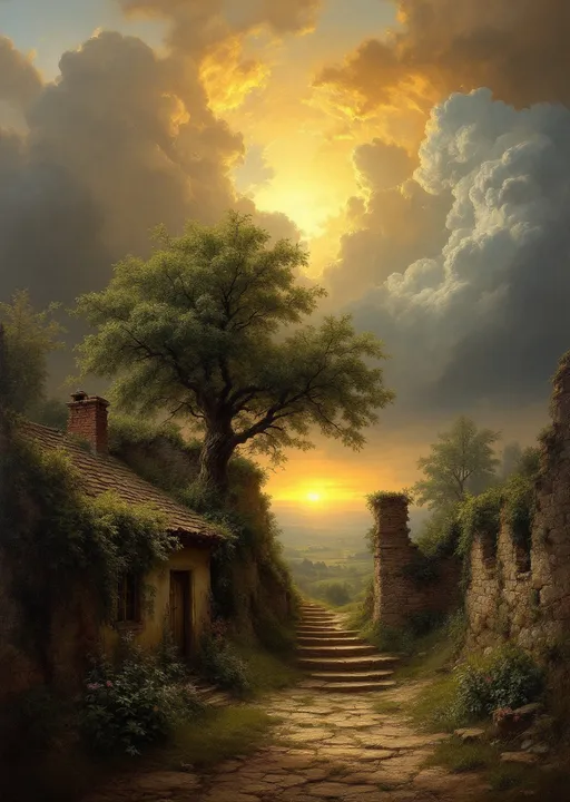 Prompt: A painting in the style of 19th-century realism. A very narrow sunlit stone alley from a country side . An old weathered house with peeling plaster . An old gnarled tree . An old , weathered , ruined stone wall . Lush greenery . Mist .Stone steps leading upward turning out of sight .The most striking element is the sky . Thick, billowing clouds stretch across the sky, heavy and textured with tones of grey, brown, and hints of blue. These clouds seem to part just enough to reveal a glowing band of soft, golden-yellow light near the horizon, suggesting either a sunrise or a sunset. This light gently spills across the landscape, casting a muted radiance that enhances the depth and mystery of the scene. A painting in the style of 19th-century realism.