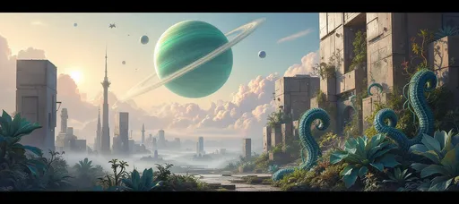 Prompt: A painting in the style of 19th-century realism. Cube-shaped sci-fi buildings. Bizarre, exotic plants featuring large blue curling leaves and coiled tendrils. A giant, ringed, green gaseous planet with satellites in the sky. Mist. Puffy, pink clouds. Sunlight.

