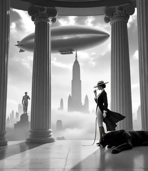 Prompt: A perspective framed by four enormous Greek columns, an open platform overlooking a cloud-covered city with towering skyscrapers. One column partially visible stands prominently in the foreground while the other three recede into the background. The statue of David on a pedestal. Rising from the misty cityscape a towering Art Deco skyscraper dominates the skyline. Above partially visible between the columns in the foreground a massive retro-futuristic metallic zeppelin floats silently. On the platform a slender woman wearing a tight white knee-length skirt and a black tailored suit with large white lapels, a huge hat with very wide, flat brims, elbow-length white gloves, stockings and high-heeled shoes holding a long cigarette holder with a lit cigarette is elegantly walking a black panther on a leash. Another majestic black panther lies stretched out next to a column. Mist. Dramatic sky at sunset. Dramatic lighting. Dramatic shadows. Black and white