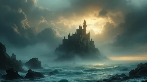 Prompt: A mermaid fairytale towering castle shrouded in mist rising in the middle of stormy turquoise ocean. The most striking element is the sky . Thick, billowing clouds stretch across the sky, heavy and textured with tones of grey, brown, and hints of blue. These clouds seem to part just enough to reveal a glowing band of soft, golden-yellow light near the horizon, suggesting either a sunrise or a sunset. This light gently spills across the landscape, casting a muted radiance that enhances the depth and mystery of the scene. The style of 19th-century realism.