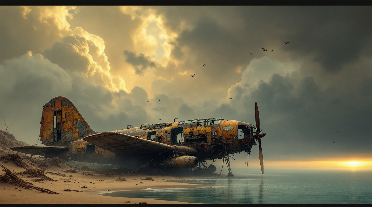 Prompt: A small, rusted, post-apocalyptic seaplane constructed from salvaged scraps, sheet metal and rope partially buried in sand dunes with faded paint and corroded surfaces evoking a sense of desolation and survival. A turquoise lake. Mist. Birds flying in the sky. The most striking element is the sky . Thick, billowing clouds stretch across the sky, heavy and textured with tones of grey, brown, and hints of blue. These clouds seem to part just enough to reveal a glowing band of soft, golden-yellow light near the horizon, suggesting either a sunrise or a sunset. This light gently spills across the landscape, casting a muted radiance that enhances the depth and mystery of the scene. The style of 19th-century realism.