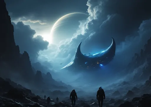 Prompt: In the left side of the image we can see three individuals wearing a combination of a samurai armor and a hockey suit space suits and helmets with lights walk through a dark , alien landscape filled with jagged, contorted rocks . In the right side of the image , in the distance , masked by jagged rocks we can see a crashed , massive,  covered in mist, asymmetrical , wishbone-shaped , alien , sci-fi , biomechanical looking spacecraft with a thickened central section set between two prong-like structures partially illuminated by the bluish, faint light of the distant sun . The dim , blue light of the distant sun casts an eerie glow . Mist and vapor rises from the ground . A massive ringed planet with its satellites dominates the sky . Giant , menacing , dark clouds looming omniously above the landscape , shadowy tendrils emerging from the clouds threatening to engulf the ship , dramatic lighting casting sinister shadows , cold and eerie ambiance . Tension filled scene . The overall scene is reminiscent of the visual style films like Alien . The lighting and shadows contribute to an omnious , foreboding mood suggesting an abandoned or otherworldy setting . Blue stormy clouds . Blue mist .