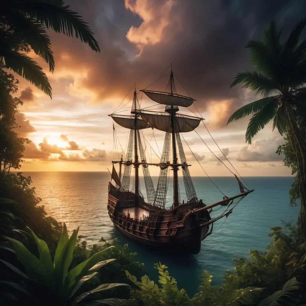 Prompt: a view from a tropical forest to the sea., a caravel in a bay  , lit by sunset . Dramatic sky