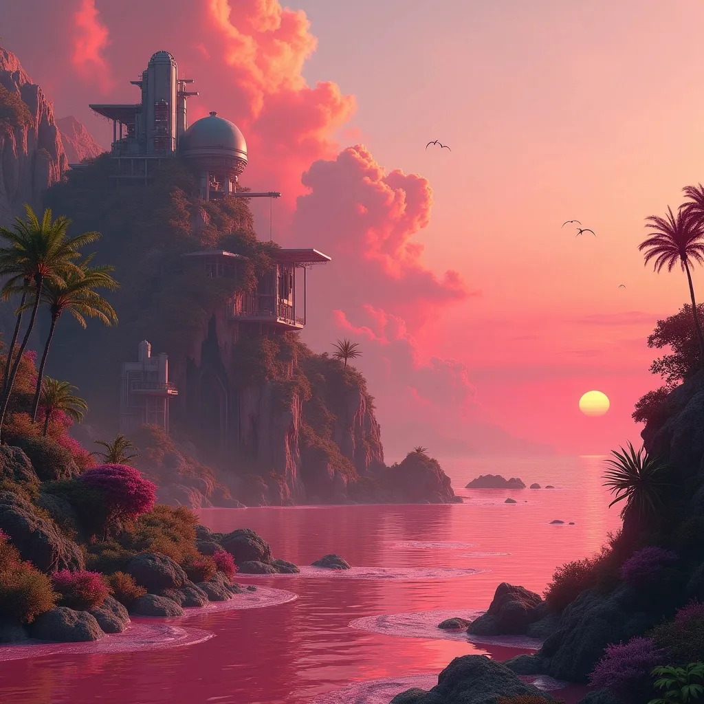 Prompt: A vast alien sea made of thick , viscous pink substance . Sci-fi buildings perched atop organic cliffs covered in exotic , lush alien vegetation . Fluffy , red clouds drift across the sky . A red sun sets on the horizon . Surreal landscape . Mist