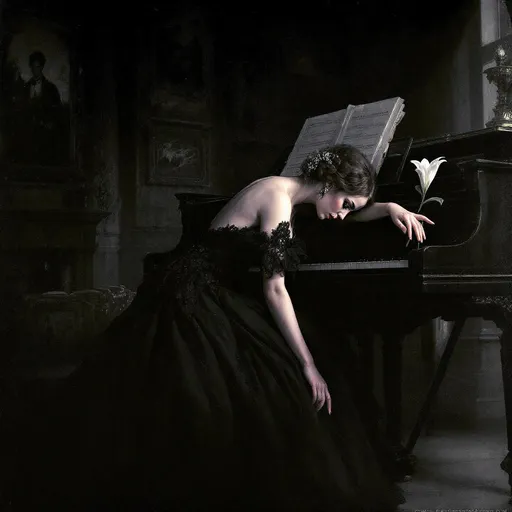 Prompt: A painting in the style of 19th-century realism. A lady wearing a long, voluminous black gown adorned with delicate lace filigree sits in front of a grand piano. She has an elegant hairstyle. In a gesture of sadness she leans forward with one arm fully extended across the piano keys her head resting gently on it . In one of her hands she holds a single white lily. A sumptuous, hazy salon with faded paintings on the walls. Dim light filtering through windows. The scene is intimate and melancholic. Dramatic shadows.