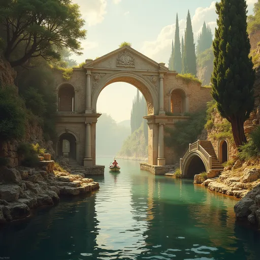 Prompt:  Rococo art , Roman city , a water channel that passes under a ruined stone arch supported by Roman columns, stone stairs on the banks , Mediterranean pines, gondolas passing under the arch or noored to the shore , mist , golden sunlight