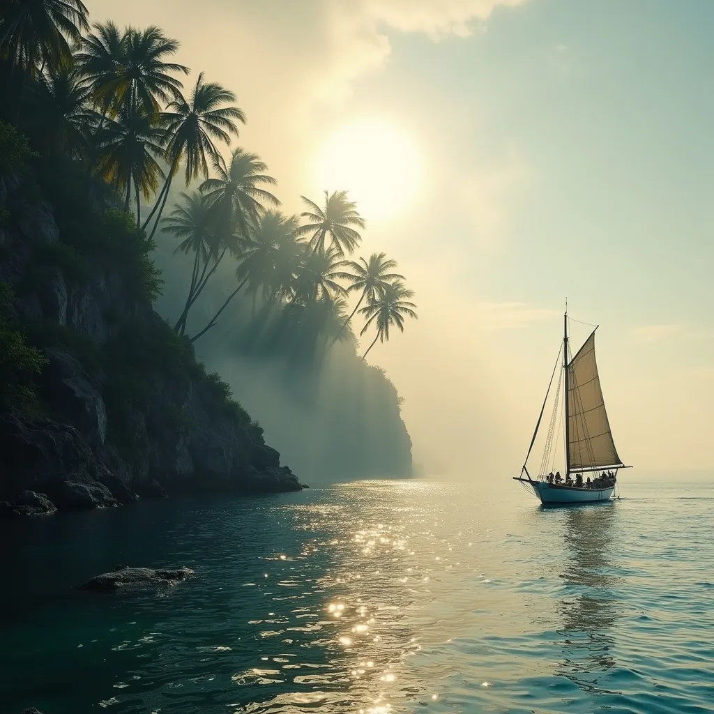 Prompt: Rocky cliffs and coconut trees at the sea shore , a caravel , mist , lit by sun