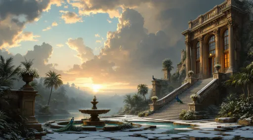Prompt: A ruined and crumbling palace with tall windows covered in snow with staircases with ornate stone balustrades decorated with stone urns filled with white flowers. Tropical plants and palms . A peacock stands gracefully on the steps . A frozen turquoise pond .Mist. A ruined fountain with a sttaue covered in moss . The most striking element is the sky . Thick, billowing clouds stretch across the sky, heavy and textured with tones of grey, brown, and hints of blue. These clouds seem to part just enough to reveal a glowing band of soft, golden-yellow light near the horizon, suggesting either a sunrise or a sunset. This light gently spills across the landscape, casting a muted radiance that enhances the depth and mystery of the scene. The style of 19th-century realism.