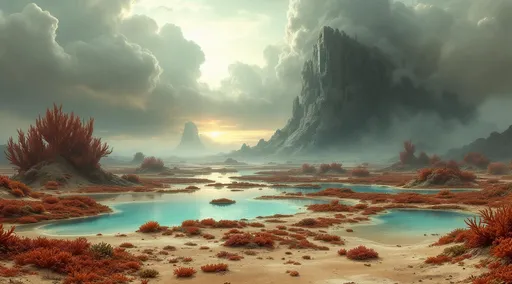 Prompt: A vast dried-up seafloor dotted with shallow turquoise pools covered in tall red coral formations, sea anemones and seaweed. The ground is textured with patches of wet sand  evoking a surreal , low-tide marine landscape . Thick mist. A colossal , towering alien derelict shrouded in mist .The most striking element is the sky . Thick, billowing clouds stretch across the sky, heavy and textured with tones of grey, brown, and hints of blue. These clouds seem to part just enough to reveal a glowing band of soft, golden-yellow light near the horizon, suggesting either a sunrise or a sunset. This light gently spills across the landscape, casting a muted radiance that enhances the depth and mystery of the scene. The style of 19th-century realism.