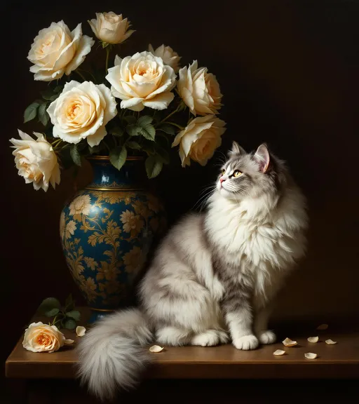 Prompt: A painting in chiaroscuro Flemish Baroque style. A painterly, fine art still life scene with a strong classical oil-painting aesthetic. At the center-right sits a long-haired cat white and gray ( the chest is white). The cat has a luxurious, fluffy fur especially around the chest and tail which cascades downward in layered feathery strands. Its posture is upright and calm with the body facing forward while the head is turned to the right looking off into the distance. The cat has half-closed eyes. The cat's left side is pressed closely against a large ceramic vase. To the left of the cat is a large, ornate, blue ceramic vase decorated with floral motifs in muted tones of cream, beige and soft gold. The vase has a glossy, reflective surface. Emerging from the vase are ten large, pale cream roses fully bloomed. The roses have a gentle, almost ethereal quality as if rendered with loose, expressive brushstrokes. On the table there are scattered some rose petals. A rose on the table.  In front of the large vase, closer to the foreground sits a smaller, matching ceramic jar also blue and floral echoing the color palette of the larger vessel. Both ceramic objects rest on a marble surface. The background is dark, moody and indistinct composed of deep greens, browns and charcoal tones with visible painterly strokes that dissolve into shadow. The lighting comes from the upper left bathing the flowers and the cat's fur in a warm, diffused glow while the background remains subdued. This chiaroscuro lighting enhances the sense of volume, softness and intimacy. Overall the image feels like a romantic, old master inspired painting. It conveys quiet elegance, tranquility and a dreamlike atmosphere.