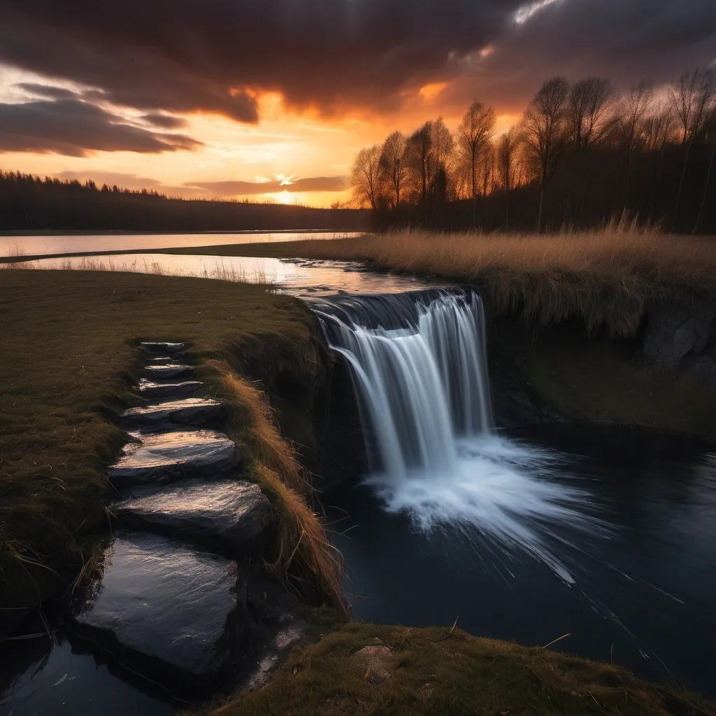 Prompt: in the distance a small waterfall falling into a lake lit by sunset . Dramatic sky