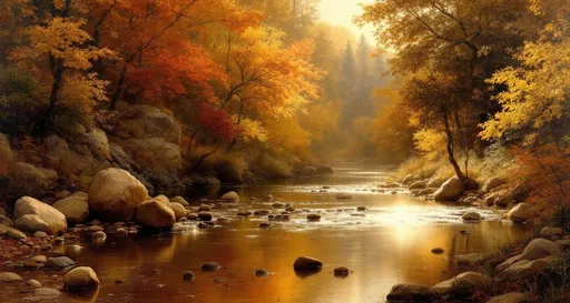 Prompt: A stunning landscape depicting a serene river scene during the autumn season in the style of 19th-century realism. The composition is rich with warm, earthy tones that capture the essence of fall in a forested environment.

The central focus of the painting is a gently flowing river or creek, its surface smooth and reflective, with slight ripples indicating a calm current. The water is shallow in some areas, revealing rounded rocks and stones scattered across the riverbed. Larger, smooth boulders are positioned along the banks and partially submerged in the water, contributing to the natural texture and rhythm of the scene.

On either side of the river, dense clusters of trees rise up, their foliage a brilliant mix of autumnal hues—fiery reds, golden yellows, soft oranges, and rich browns. The light from the sun, possibly in the late afternoon, bathes the entire scene in a golden glow. Sunlight filters through the treetops, illuminating the leaves and creating a luminous, almost ethereal atmosphere. The light also reflects off the water, enhancing the warm and tranquil mood of the painting.

In the distance, the forested hills roll gently upward, covered in layers of colored trees that fade softly into the blue sky. The sky itself is mostly clear, with a few fluffy white clouds catching the light of the setting (or rising) sun.

The entire scene is peaceful, timeless, and evocative of the quiet beauty of nature during the fall. The painting draws the viewer into a moment of stillness and reflection, surrounded by the vibrant, yet calming palette of autumn.