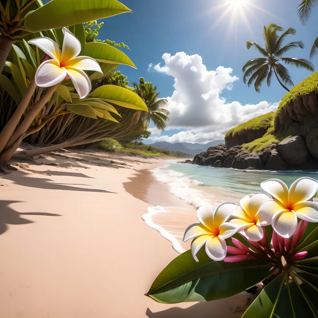 Prompt: tropical beach  covered with plumeria, shrubs and coconut trees lit by sun 