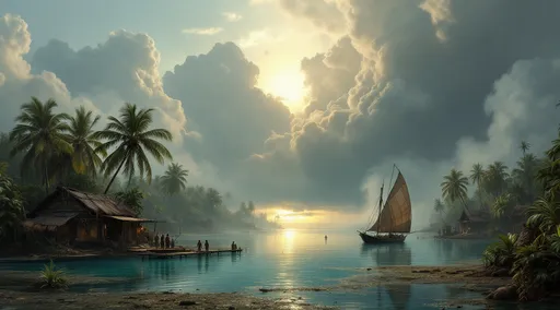 Prompt: A lagoon shallow turquoise water , leaning palms over water and lush tropical plants. Post-apocalyptic huts made of metal sheets, rags and wood on stilts over water. Mist. A boat with a patched sail. Men and women in tattered clothes. Billowing smoke from improvised chimneys. The most striking element is the sky . Thick, billowing clouds stretch across the sky, heavy and textured with tones of grey, brown, and hints of blue. These clouds seem to part just enough to reveal a glowing band of soft, golden-yellow light near the horizon, suggesting either a sunrise or a sunset. This light gently spills across the landscape, casting a muted radiance that enhances the depth and mystery of the scene. The style of 19th-century realism .