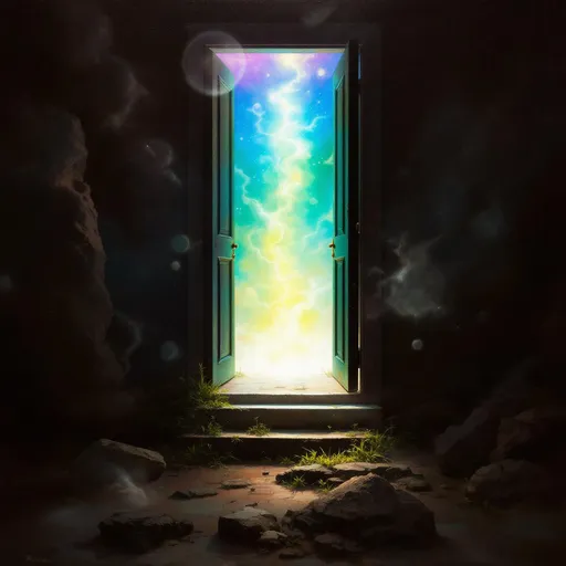 Prompt: A doorway standing open between reality and dream where the tangible world blends  into a realm of surreal light, floating shapes and shifting colors - a mysterious threshold glowing softly inviting the viewer to cross into the unknown. A painting in the style of 19th-century realism.