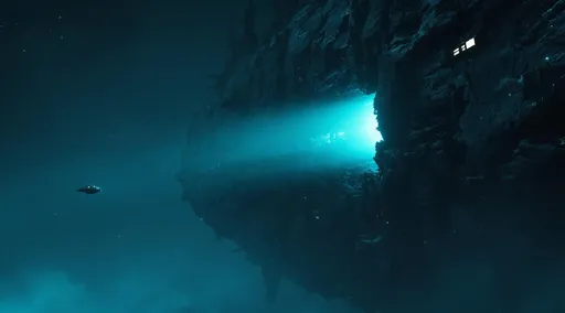 Prompt: A colossal alien spacecraft or derelict suspended in the night sky occupying the right side of the frame . The structure dominates the right half of the frame characterized by a vast vertical wall of dark, jagged and weathered surfaces with an ancient aesthetic . Portions of the structure protrude outward  like antennae or damaged beams reinforcing the impression of decay .
Its surface is dotted with faint , scattered small lights suggesting internal systems .
A striking cyan-blue volumetric light pours outward through a long , horizontal slit that has opened in the ship's vertical wall. The light is intense and atmospheric casting a surreal , glowing haze across the scene and partially illuminating its intricate , fractured textures . The light beam extends into the surrounding darkness. To the left the scene fades into a deep blue atmosphere .Mist .
An alien spacecraft is approaching the opened slit ready to enter in the massive spacecraft . The alien spacecraft has a distinctly biomechanical and ancient aesthetic suggesting a technology that is both advanced and ritualistic in design. The approaching craft has a wide , flattened triangular shape with rounded edges resembling a manta ray in overall form. Its surface is composed of interlocking plates and panels etched with intricate ,     geometric patterns and glyph-like symbols that evoke the appearance of alien script .
The craft has strong lines and heavy contours giving it a feel of carved stone or chitin .
The entire exterior is colored in a dark, worn gray with patches of weathering and discoloration giving the ship an aged and battle-scarred appearance . The texture appears rough and layered more like ancient architecture than sleek modern tech reinforcing the impression that the ship belongs to a long lost or advanced alien civilization with a heavy ritualistic engineering philosophy .
Overall the ship blends organic curves with hard geometric detailing appearing both majestic and intimidating-like a relic from a forgotten war or a godlike species .
