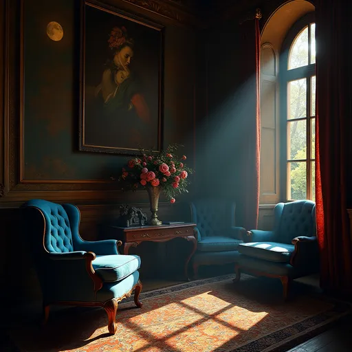 Prompt: Night , golden moonlight streams into a dark regal chamber casting a soft glow on blue-upholstered parlor chairs . Paintings adorns the walls , sculptures . A vase with a rich mix of flowers adds a touch of elegance