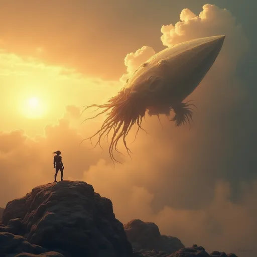 Prompt: an warrior alien being on a rock looking at a flying alien organic  ship  shaped like a squid with a rocket engine that leaves condensation trails , dramatic clouds , mist , lit by golden sunset