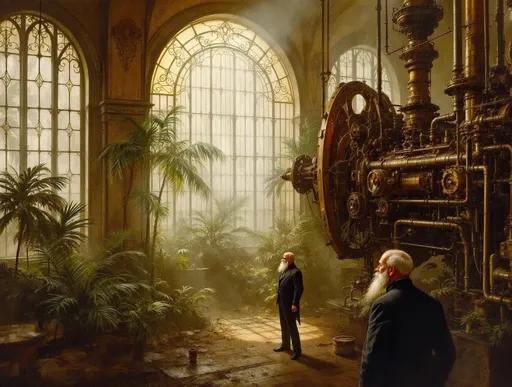 Prompt: A painting in the style of 19th-century realism. A perspective from above inside an enormous, tall, hazy, elongated Victorian-era greenhouse filled with lush tropical plants and palms from which steam slowly rises. Tall, arched, dirty Victorian windows with panes richly decorated with wrought iron frames shaped like intricate filigree featuring delicate curls and lace-like metalwork. An enormous, elongated steampunk machinery made of brass, copper pipes, riveted metal plates and rotating mechanical components. Shafts of sunlight filtering through windows illuminating the dust suspended in air. Two  men dressed in late 19th-century fashion are engaged in a conversation. One of them facing the camera has a short, sharp-pointed white beard.