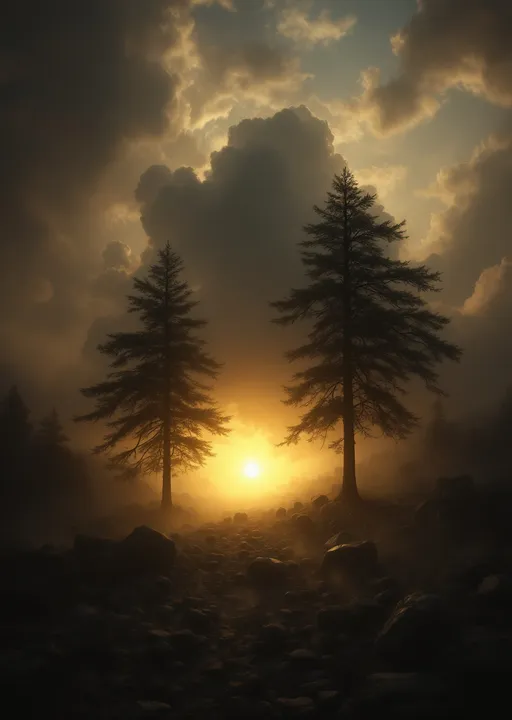 Prompt: Thousands of stones levitating around a mysterious silhouette .Trees. Surreal and atmospheric scene .Mist.
The most striking element is the sky . Thick, billowing clouds stretch across the sky, heavy and textured with tones of grey, brown, and hints of blue. These clouds seem to part just enough to reveal a glowing band of soft, golden-yellow light near the horizon, suggesting either a sunrise or a sunset. This light gently spills across the landscape, casting a muted radiance that enhances the depth and mystery of the scene. The style of 19th-century realism .