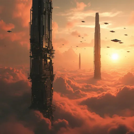Prompt: An impressive sci-fi landscape dominated by colossal towering megastructures rising above a sea of reddish-orange-pink wind-smeared clouds . The sun positioned near the horizon casts a diffuse and warm light creating an enigmatic atmosphere with golden and reddish tones in the dense air . In the foreground a massive, towering , imposing , sleek and thin building rises near the edge of the image. Its surface is covered with complex metallic structures, panels and industrial details suggesting an advanced vertical metropolis. The edges are sharp and the architectural details are minimalist yet functional evoking a cyberpunk or futuristic brutalist style . In the background two other colossal thin megastructures emerge from the smeared atmospheric haze offering a sense of depth and vastness . Thin lines enhance the feeling of advanced technology . In the sky swarms of small spacecrafts fly in precise formation indicating an extremely organized and technologically superior civilization . Overall the scene conveys an atmosphere of isolation but also technological grandeur . Reddish-orange-pink wind-smeared mist . Sunset.