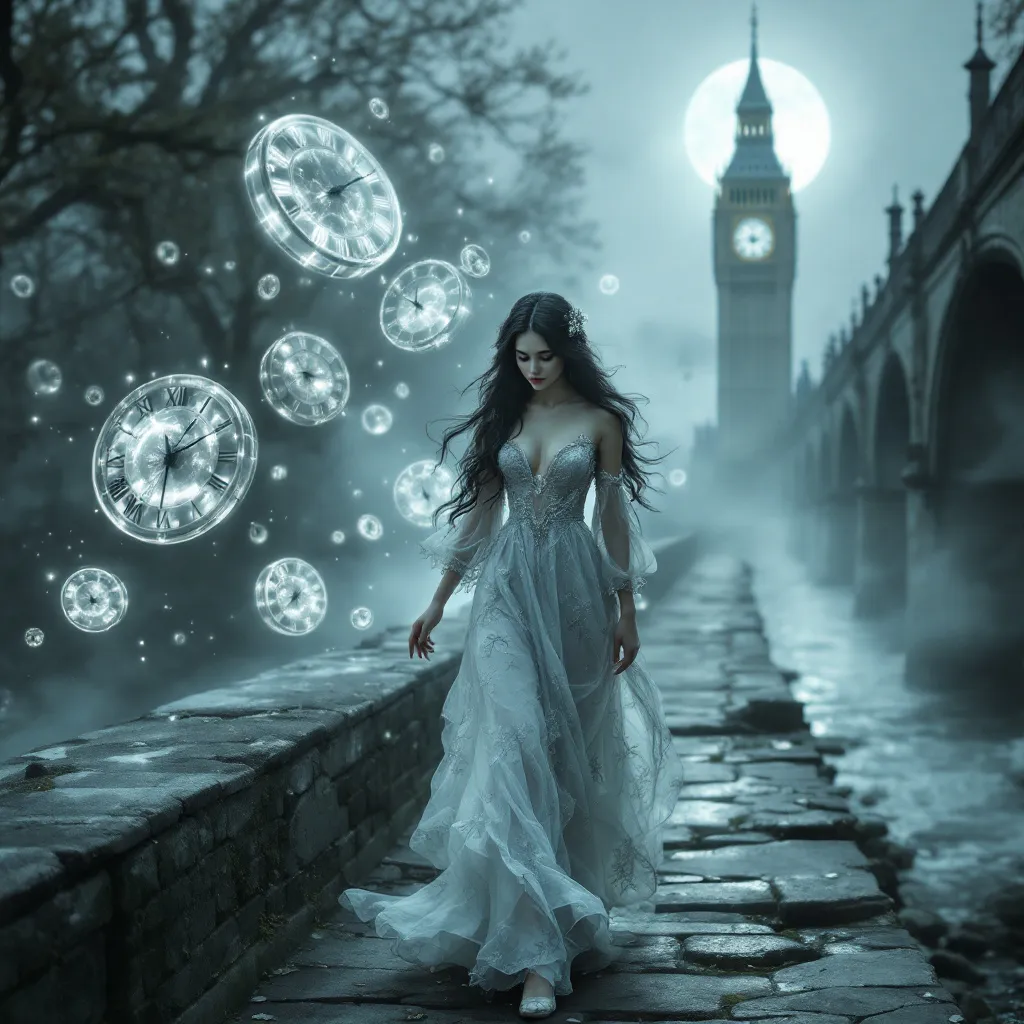 Prompt: A surreal ,ethereal scene . A young woman with a Victorian hairstyle featuring dark, long, glossy hair styled into voluminous structured waves that cascade down her shoulders with sections elegantly pinned back using decorative hairpieces . The woman is wearing a Victorian-era nightgown and she is walking on a old ,medieval stone bridge at night . Around her ghostly, translucent pendulum clocks float in the misty air . In the distance illuminated by the moon Big Ben stands at the edge of the Thames which is shrouded in mist . Dreamy and eerie atmosphere . Dark , overcast sky