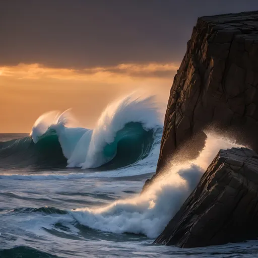 Prompt: a wave breaking against a rock and a separate high rock lit by sunset