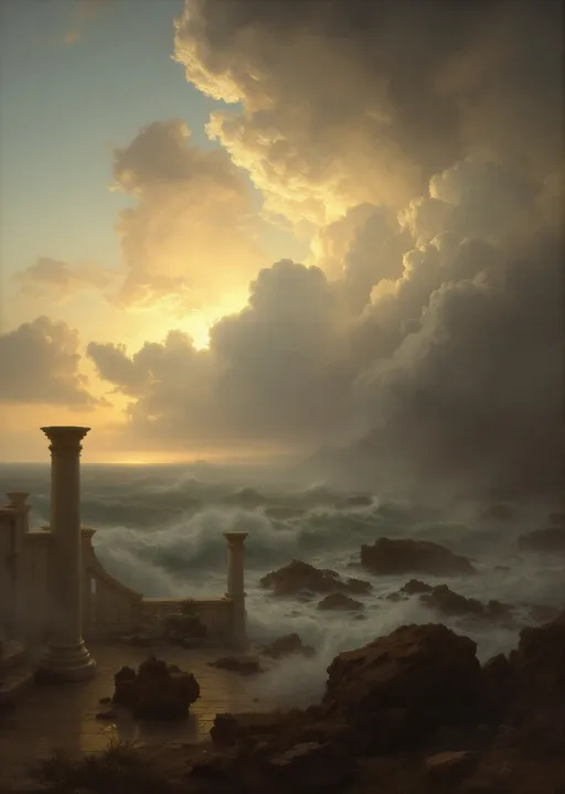 Prompt: White columns and arches , parlor chairs , rocks , mist, stormy ocean.
The most striking element is the sky . Thick, billowing clouds stretch across the sky, heavy and textured with tones of grey, brown, and hints of blue. These clouds seem to part just enough to reveal a glowing band of soft, golden-yellow light near the horizon, suggesting either a sunrise or a sunset. This light gently spills across the landscape, casting a muted radiance that enhances the depth and mystery of the scene. The style of 19th-century realism.

