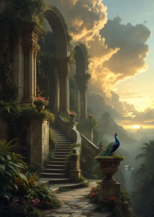 Prompt: A crumbling staircase of a ruined palace. The staircase has ornate stone balustrades decorated with stone urns filled with withered flowers. Lush tropical plants coil around the ornate pillars of the balustrades. A huge peacock stands gracefully on the steps. Lush tropical plants , flowers and palms. Mist. A ruined fountain with a statue covered in moss . A turquoise pool. The most striking element is the sky . Thick, billowing clouds stretch across the sky, heavy and textured with tones of grey, brown, and hints of blue. These clouds seem to part just enough to reveal a glowing band of soft, golden-yellow light near the horizon, suggesting either a sunrise or a sunset. This light gently spills across the landscape, casting a muted radiance that enhances the depth and mystery of the scene. The style of 19th-century realism.
