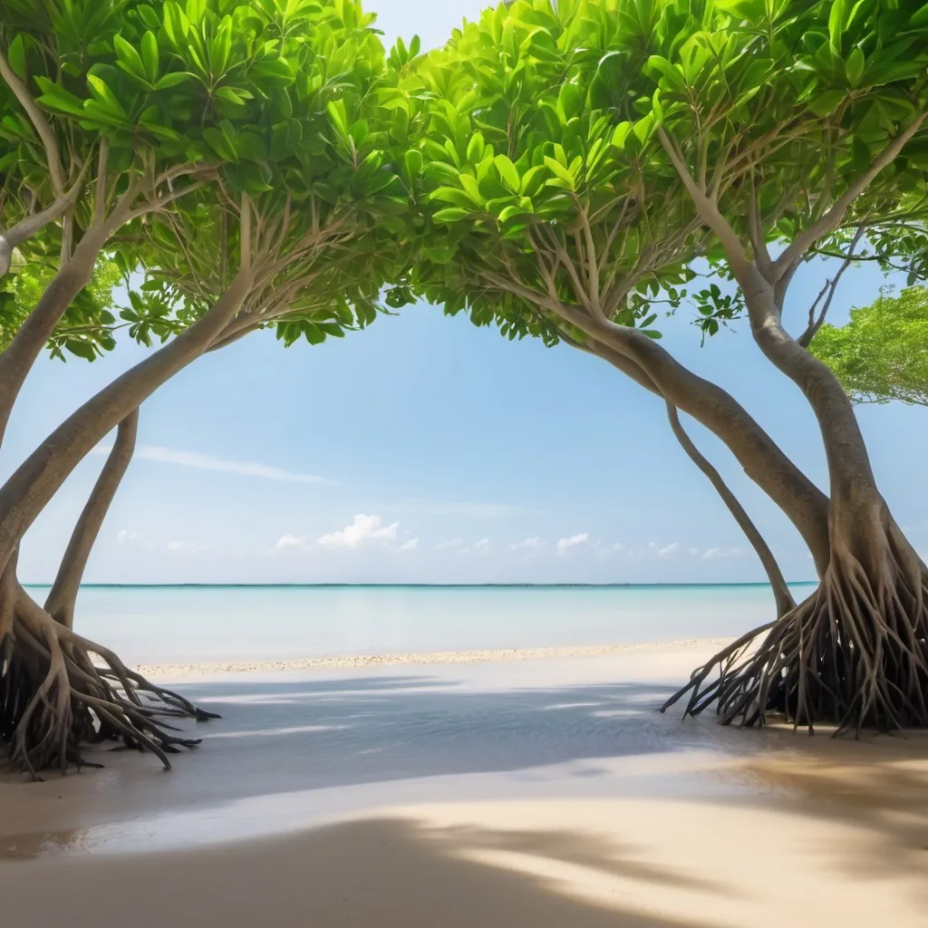 Prompt: tropical beach and a mangrove trees 