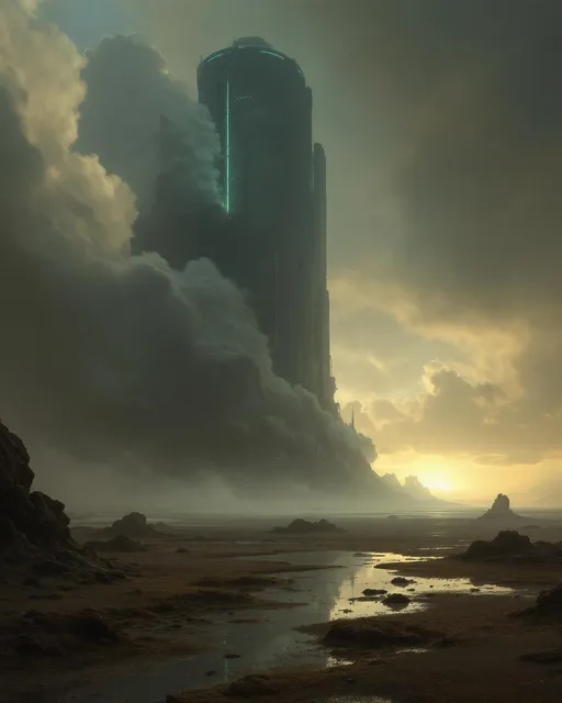 Prompt: A colossal extraterrestrial, towering, monolithic building with glowing green lights shrouded in mist and clouds in the middle of a dry seabed covered in puddles and seaweed.  The most striking element is the sky . Thick, billowing clouds stretch across the sky, heavy and textured with tones of grey, brown, and hints of blue. These clouds seem to part just enough to reveal a glowing band of soft, golden-yellow light near the horizon, suggesting either a sunrise or a sunset. This light gently spills across the landscape, casting a muted radiance that enhances the depth and mystery of the scene. The style of 19th-century realism.