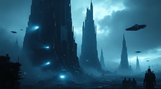 Prompt: A dark , dystopian scene of a post-apocalyptic city. The scene is bathed in deep , cold shades of blue and black capturing a foreboding and post-apocalyptic atmosphere . Towering, spire-like structures dominate the background - these jagged silhouettes resemble decaying skyscrapers or gothic cathedrals constructed not by human hands but by alien, machine logic. Their surfaces are irregular and harsh , made of dark metallic materials with occasional glowing spots that hint at internal activity . Hovering in the sky several dark , sleek flying ships with red thrusters are barely visible against the night clouds patrolling the area . To the left a small group of bright , bluish lights pierces the gloom-possibly surveillance                                     drones or a machine transport unit navigating between the structures . Mist.
The sky is a central element in the composition casting an eerie glow behind the silhouetted towers . It is overcast with thick , fast-moving storm clouds illuminated by a pale almost supernatural blue light . This illumination seems to emanate from a hidden artificial source giving the clouds a silver-blue lining . The interplay of shadow and light gives the impression of an unnatural , oppressive sky - as if the heavens themselves are electrified and alive . 