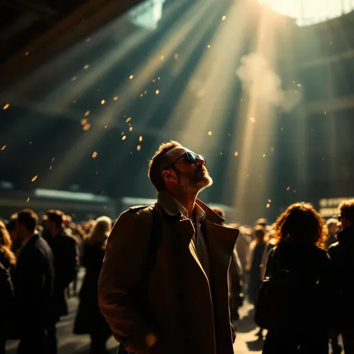 Prompt: A lateral view of a man in a trench coat and sunglasses standing in the vast waiting hall of a train station . He looks upward lost in the crowd of travelers illuminated by the golden sunlight that streams through a large window . Mist . Dust particles float in the air illuminated by the sunbeams .