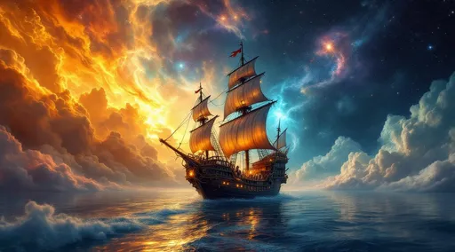 Prompt: A surreal and imaginative scene that blends cosmic wonder with dreamlike fantasy.
A fairytale pirate galleon with glowing lanterns floating  on water under a vast, celestial sea of vibrant colors and swirling cosmic clouds. The galleon appears suspended in midair, navigating a dreamy, otherworldly space .
The backdrop is a spectacular explosion of colors—vivid oranges, reds, yellows, and golds dominate the lower half of the scene, resembling a fiery sunset or the swirling gases of a nebula. The upper part transitions into deeper hues—cool blues, greens, purples, and blacks—evoking the cold vastness of outer space. White and pale pastel clouds curl and billow throughout the sky, blending seamlessly with the other colors in an almost painterly fashion.
Tiny points of light scattered across the dark background resemble stars, enhancing the illusion that the boat is drifting through the universe rather than an earthly body of water. The lighting is soft and ethereal, with warm highlights reflecting subtly off the figures and the edge of the boat, creating a gentle glow that contributes to the dreamlike atmosphere.
The overall mood of the painting is one of exploration, solitude, and wonder. The galleon seem to be on a surreal journey through an infinite, mysterious dimension. The image evokes a sense of boundless possibility, a quiet adventure beyond time and space.


