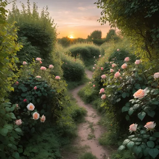 Prompt: a path through dense  vegetation, rose bushes, brambles lit by sunset