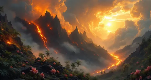 Prompt: A breathtaking fantasy landscape where nature and elemental forces interwine dramatically . A rugged, dark mountainside stretches across the scene with sharp jagged cliffs and rocky outcroppings. Fiery lava glows vividly in bright orange and red seeping through cracks in the blackened rock and cascading down the slopes like molten rivers . Thick plumes of smoke and steam rise heavily blending into the atmosphere with swirling clouds . Lush tropical jungle with palms, pink lilies and tropical flowers . A surreal scene.
The most striking element is the sky . Thick, billowing clouds stretch across the sky, heavy and textured with tones of grey, brown, and hints of blue. These clouds seem to part just enough to reveal a glowing band of soft, golden-yellow light near the horizon, suggesting either a sunrise or a sunset. This light gently spills across the landscape, casting a muted radiance that enhances the depth and mystery of the scene.. The style of 19th-century realism.