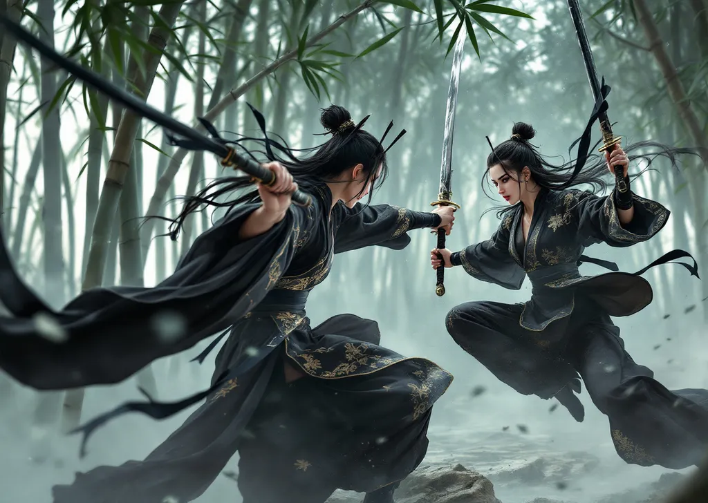 Prompt: Two beautiful chinese female warriors dressed in black chinese battle kimonos embroidered with gold with wide, flared sleeves their hair tied up with two hair sticks and black ribbons wrapped around their arms fluttering in the air . Each wields two traditional chinese broadswords as they soar toward each other in combat amidst a dense bamboo forest . Mist . Overcast sky