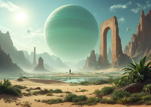 Prompt: A vast desert of sand dunes . Scattered , solitary , twisted , strange, tall, arched,  brown , portal rocks . A lake. Lush extraterrestrial, carnivorous and monstruous plants. A giant, ringed, gaseous, green planet with huge satellites barely visible in the misty blue sky. Mist. Sunlight.