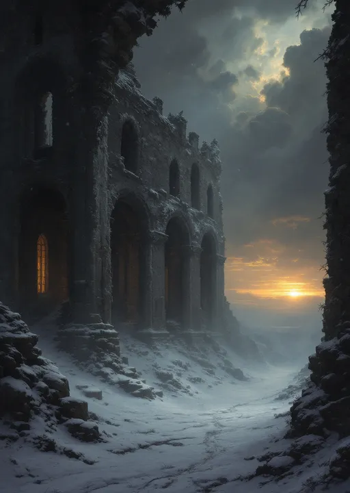 Prompt: The snow-powdered dark hall of a  dark, ruined castle with collapsed roof allowing heavy snowfall to pour inside. Arched  windows let in a cold, dim sunset light . Columns . Statues .  Mist. Snow blown by the wind.  Haunting, ethereal beauty . Night . Mysterious atmosphere.  The most striking element is the sky . Thick, billowing clouds stretch across the sky, heavy and textured with tones of grey, brown, and hints of blue. These clouds seem to part just enough to reveal a glowing band of soft, golden-yellow light near the horizon, suggesting either a sunrise or a sunset. This light gently spills across the landscape, casting a muted radiance that enhances the depth and mystery of the scene. The style of 19th-century realism.
