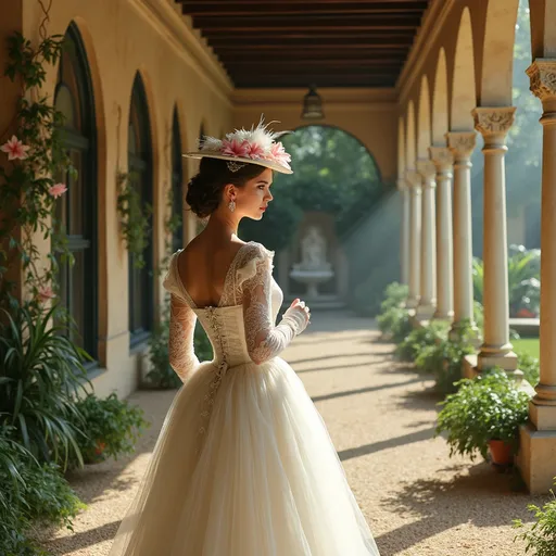 Prompt: A graceful victorian lady wearing a stunning white lace gown with a fitted corset and a voluminous bustled skirt . A delicate hat adorned with lace and feathers sits atop her carefully braided hair . In her gloved hand she holds a small lace parasol . She walks on a cloister's corridor with a series of thin , closely spaced ornate columns covered in climbing pink lilies and lush tropical plants . We can see in the inner court of the cloister a garden with gravel on the ground , lush tropical and mediterranean plants , palms and a fountain with a statue . Golden sunlight filters through columns .Mist .