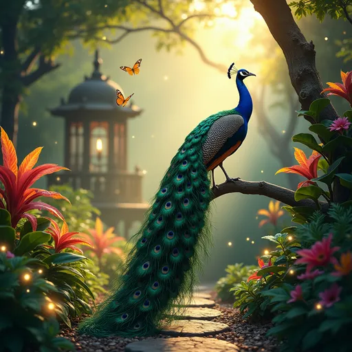 Prompt: A majestic peacock perched on a  branch in a an lush enchanted garden surrounded by vibrant tropical flowers and plants and glowing fireflies . Its tail touches the ground . A stone path leading to a gazebo . Its iridiscent blue and green feathers shimmer in the soft golden sunlight filtering through the dense foliage  . Delicate butterflies flutter nearby adding to the magical atmosphere . The scene is dreamy and ethereal with warm hues , sparkling particles in the air . The background fades into a mystical mist creating a fairytale-like ambiance