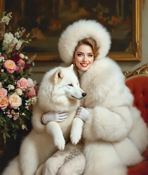 Prompt: A painting in the style of 19th-century realism. A sumptuous Victorian parlor adorned with grand paintings and lavish bouquets of flowers . At the center a noble lady dressed in a luxurious silver white arctic fox coat wearing a matching fur hat and white tight gloves trimmed with soft white fur . She smiles gracefully while holding a majestic white polar wolf in her arms . The scene exudes elegance, refinement and timeless aristocratic charm.