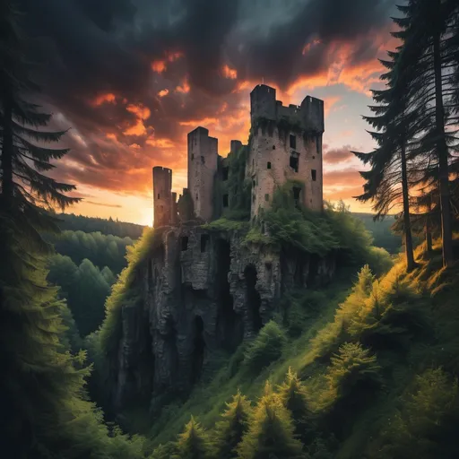 Prompt: an old ruined medieval castle with blackened walls on the edge of a ravine. Dense fir trees at the base of the ravine. Lit by sunset . Dramatic sky 