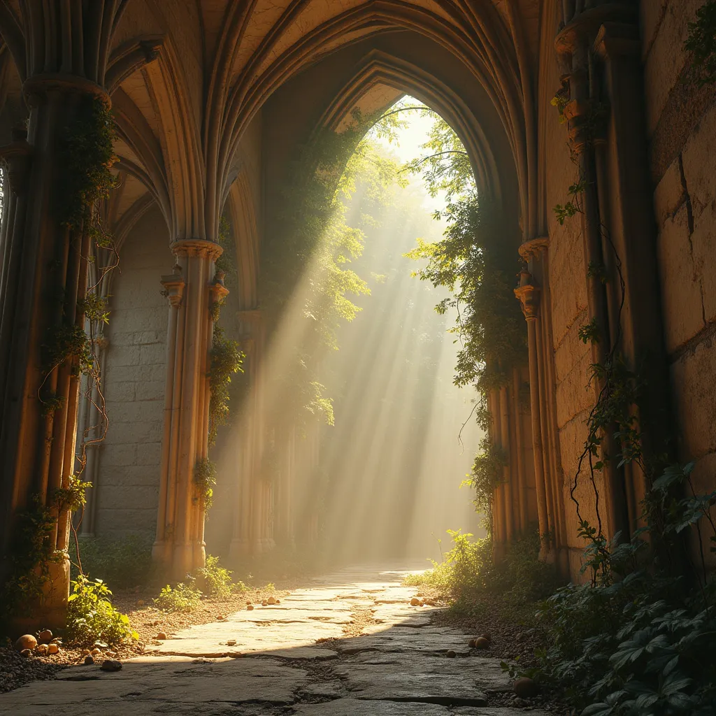 Prompt: The interior of a ruined grand Gothic cathedral where ribbed vaults and arches extend and interwine like organic structures resembling vines and lianas creating a mesmerizing fusion of stone and vines . Mist . Golden sunlight streams through a large crack in the wall illuminating the dust particles in the air . 