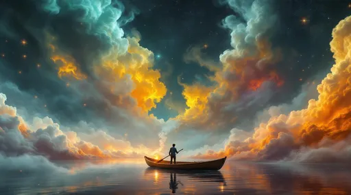 Prompt: A surreal and imaginative scene that blends cosmic wonder with dreamlike fantasy.
A man stands in a small wooden rowboat, floating not on water but through a vast, celestial sea of vibrant colors and swirling cosmic clouds. The boat appears suspended in midair, navigating a dreamy, otherworldly space. Smoke billowing from a small fire lit in the boat .
The backdrop is a spectacular explosion of colors—vivid oranges, reds, yellows, and golds dominate the lower half of the scene, resembling a fiery sunset or the swirling gases of a nebula. The upper part transitions into deeper hues—cool blues, greens, purples, and blacks—evoking the cold vastness of outer space. White and pale pastel clouds curl and billow throughout the sky, blending seamlessly with the other colors in an almost painterly fashion.
Tiny points of light scattered across the dark background resemble stars, enhancing the illusion that the boat is drifting through the universe rather than an earthly body of water. The lighting is soft and ethereal, with warm highlights reflecting subtly off the figures and the edge of the boat, creating a gentle glow that contributes to the dreamlike atmosphere.
The overall mood of the painting is one of exploration, solitude, and wonder. The man and his dog seem to be on a surreal journey through an infinite, mysterious dimension. The image evokes a sense of boundless possibility, a quiet adventure beyond time and space.


